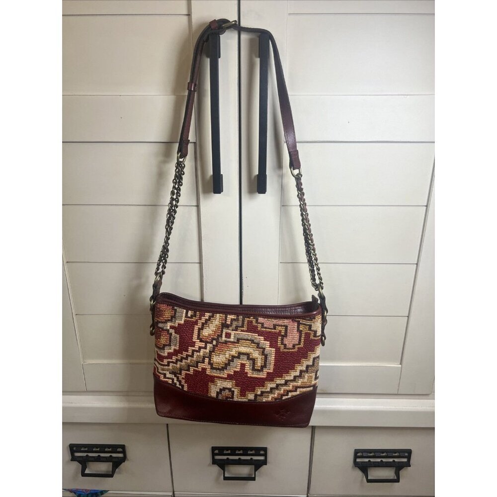 Patricia Nash Salvina Peruvian Tapestry Crossbody Bag Burgundy Red Leather Purse